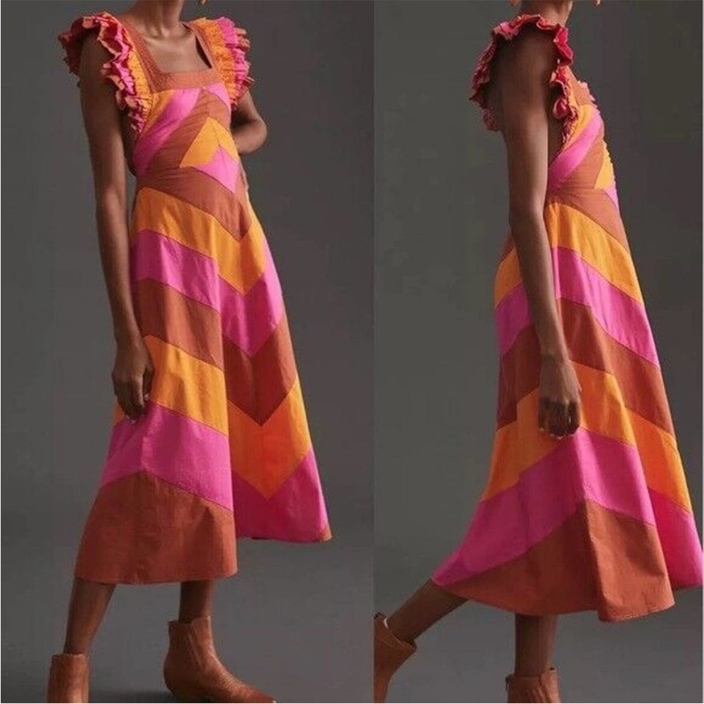 Anthropologie Love the Label |  Ruffled Colorblocked Chevron Midi Dress | S